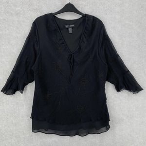 Anne Carson Silk Blouse Womens 2X Black Y2K Flutter Sleeve Flounce Embroidered‎